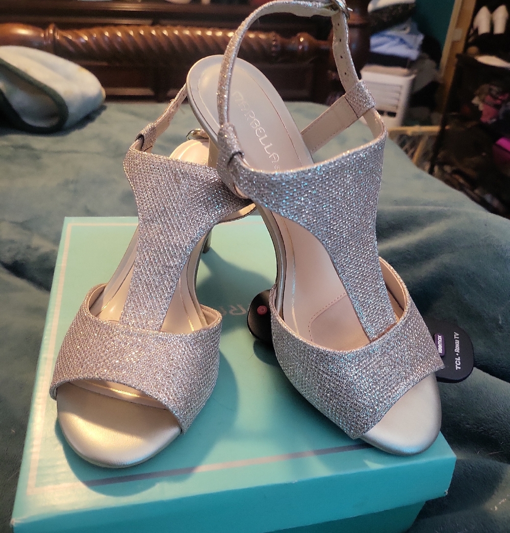 Dressy Silver Glitter T-Strap Heels by Mirabella